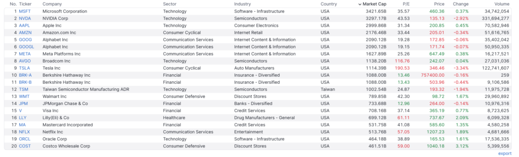 Top 20 legnagyobb kapitalizációjú S&P 500 részvény