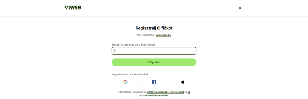 Wise regisztráció, korábban Transferwise