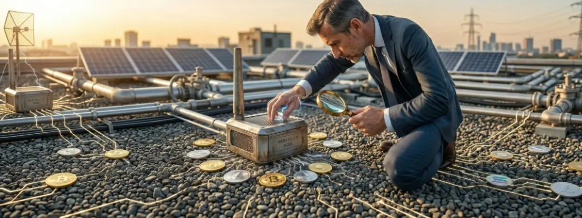 man leaning over crypto tokens with solar panels in the background