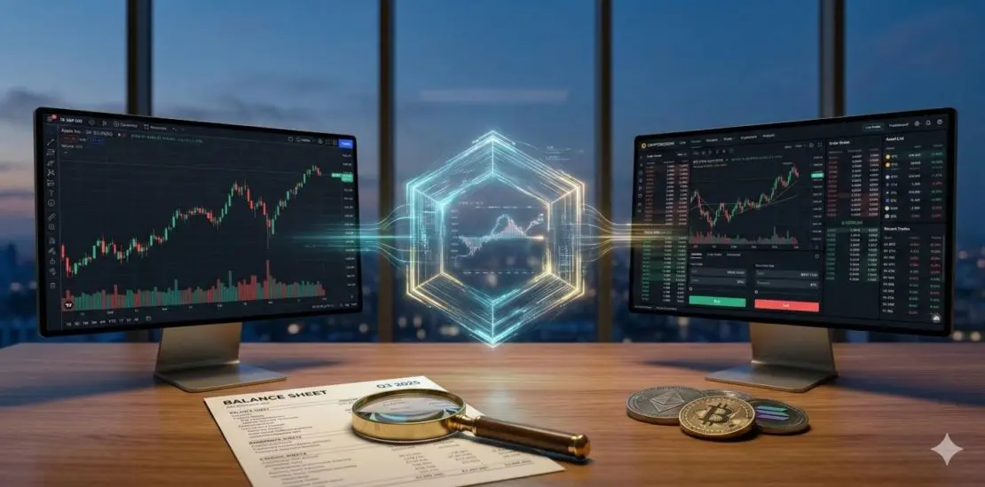 balance sheet with magnifying glass and crypto