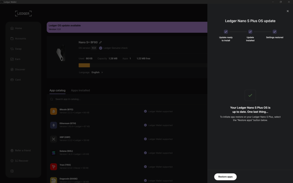 a Ledger Nano S Plus 30 perc után up to date