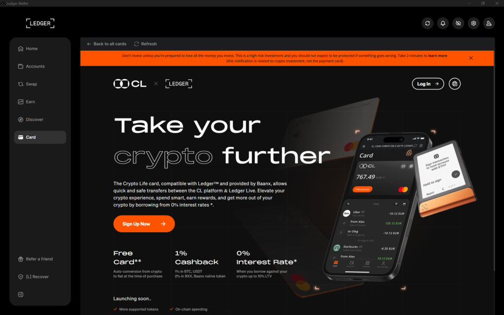 a Ledger Nano S Plus mellé kérhető Crypto Life kártya