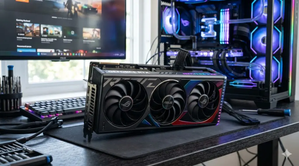 GPU with fans witting in front of a computer